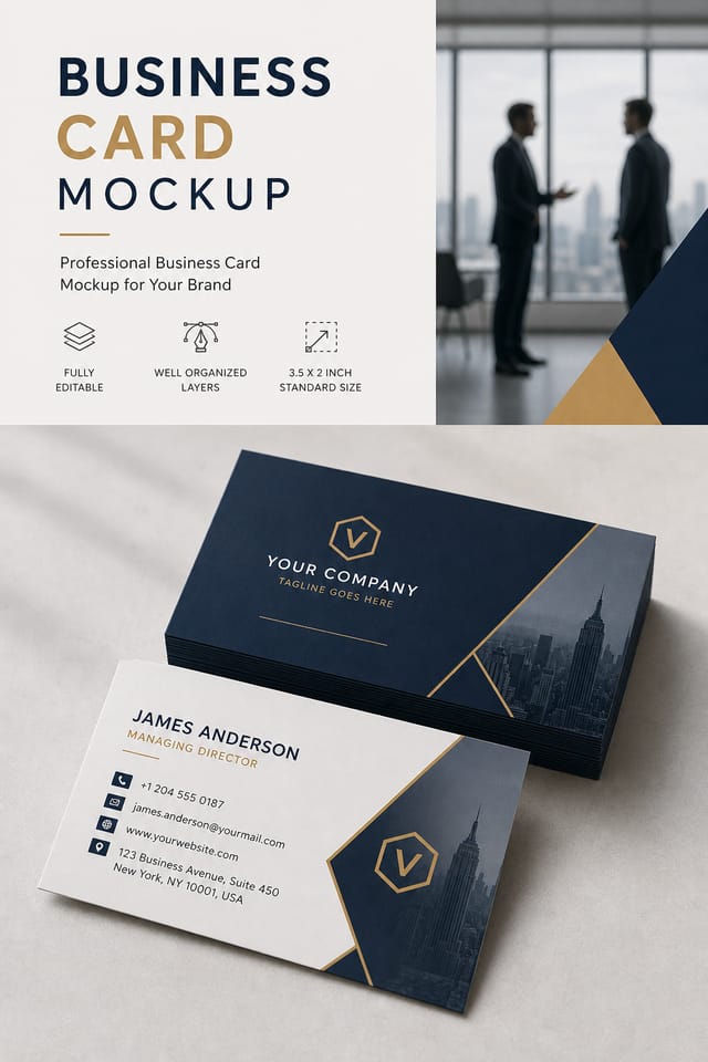 Business Card Mockup — modern style product mockup, featuring professional office imagery, suit silhouettes, navy and gold palette