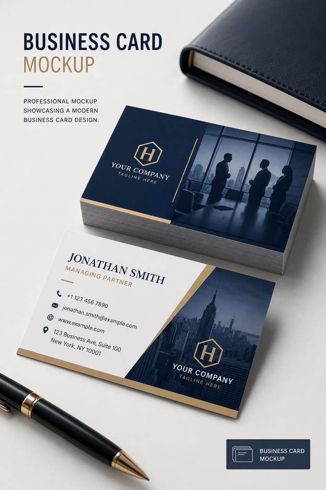 Business Card Mockup — corporate style product mockup, featuring professional office imagery, suit silhouettes, navy and gold palette