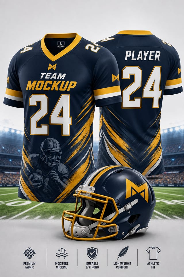Football Jersey Mockup — vibrant style product mockup, featuring football, helmet, stadium, green field, team colors