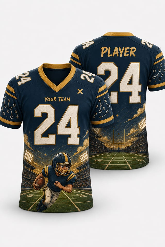 Football Jersey Mockup — illustration style product mockup, featuring football, helmet, stadium, green field, team colors