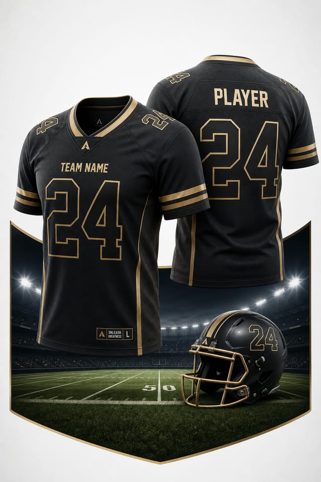 Football Jersey Mockup — elegant style product mockup, featuring football, helmet, stadium, green field, team colors