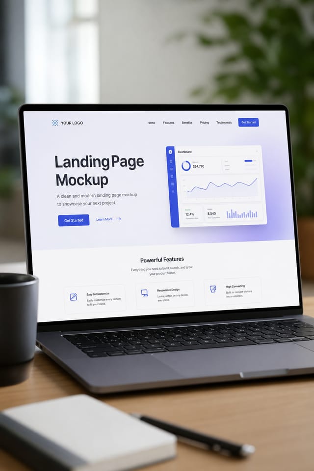 Landing Page Mockup — photo-realistic style product mockup