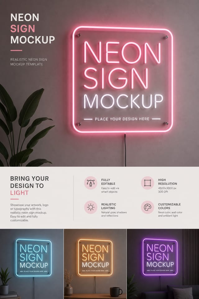 Neon Sign Mockup — modern style product mockup