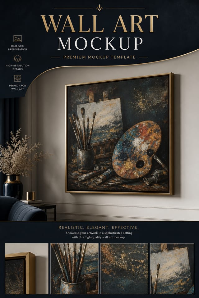 Wall Art Mockup — elegant style product mockup, featuring paintbrushes, palette, canvas, creative imagery