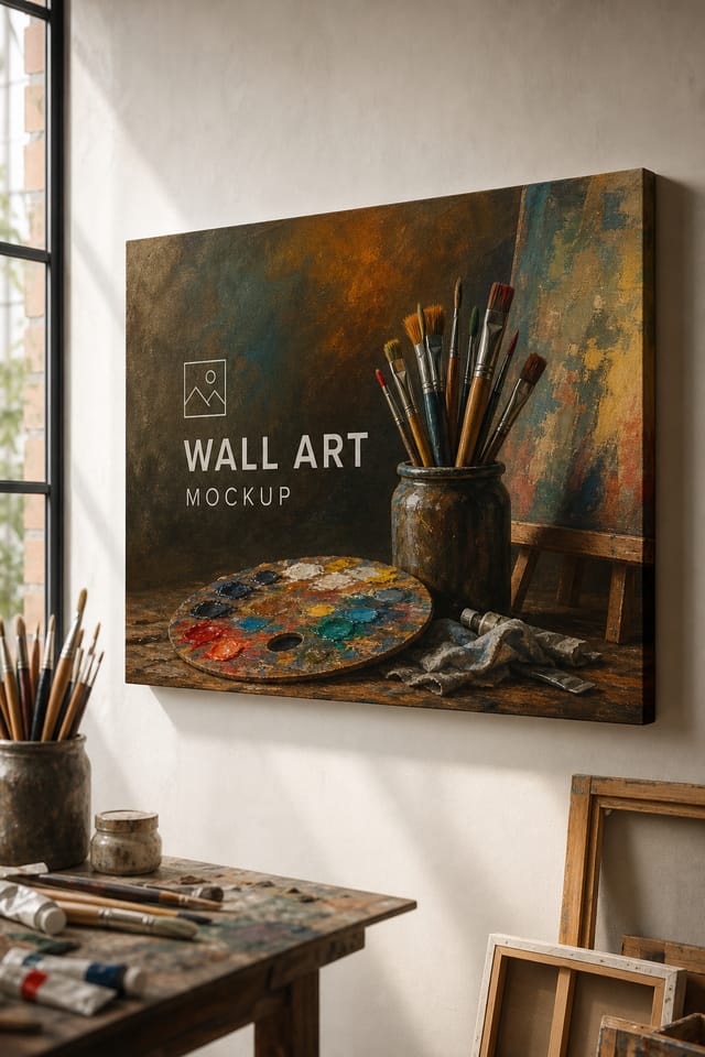 Wall Art Mockup — photo-realistic style product mockup, featuring paintbrushes, palette, canvas, creative imagery