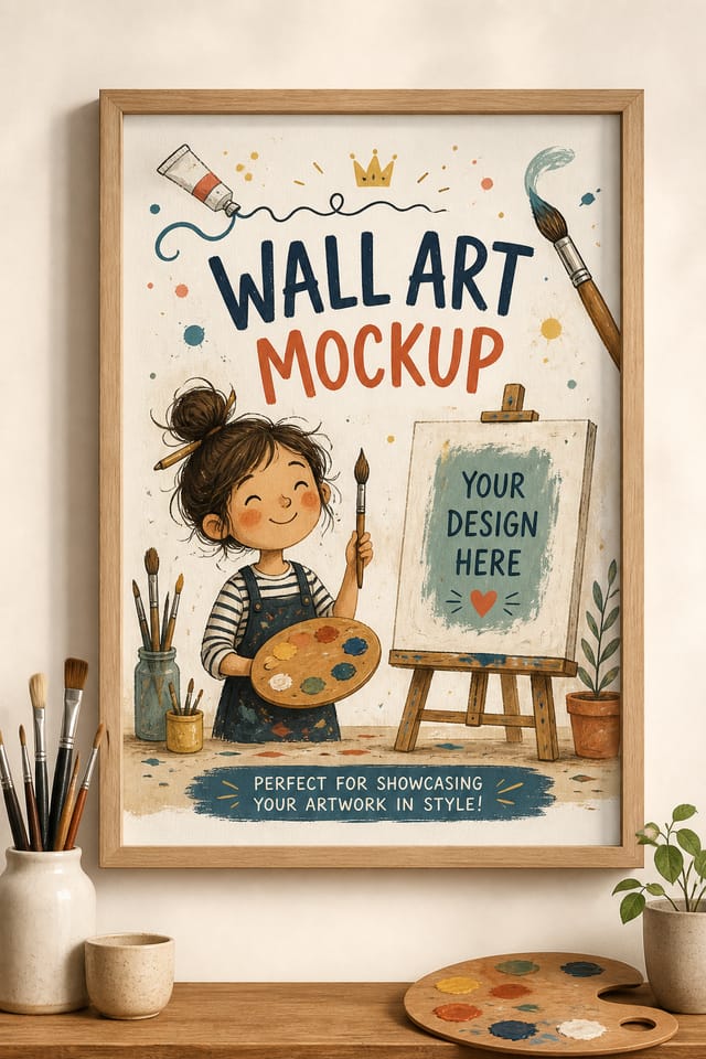 Wall Art Mockup — illustration style product mockup, featuring paintbrushes, palette, canvas, creative imagery