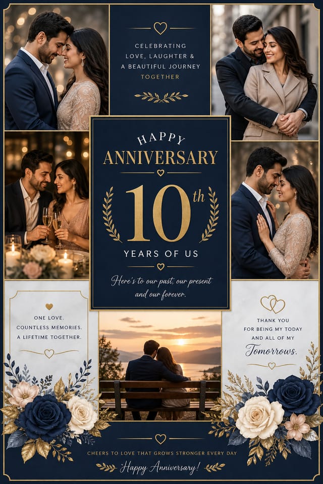 Anniversary Photo Collage — corporate style photo collage layout, featuring romantic florals, gold accents, elegant typography, soft warm lighting