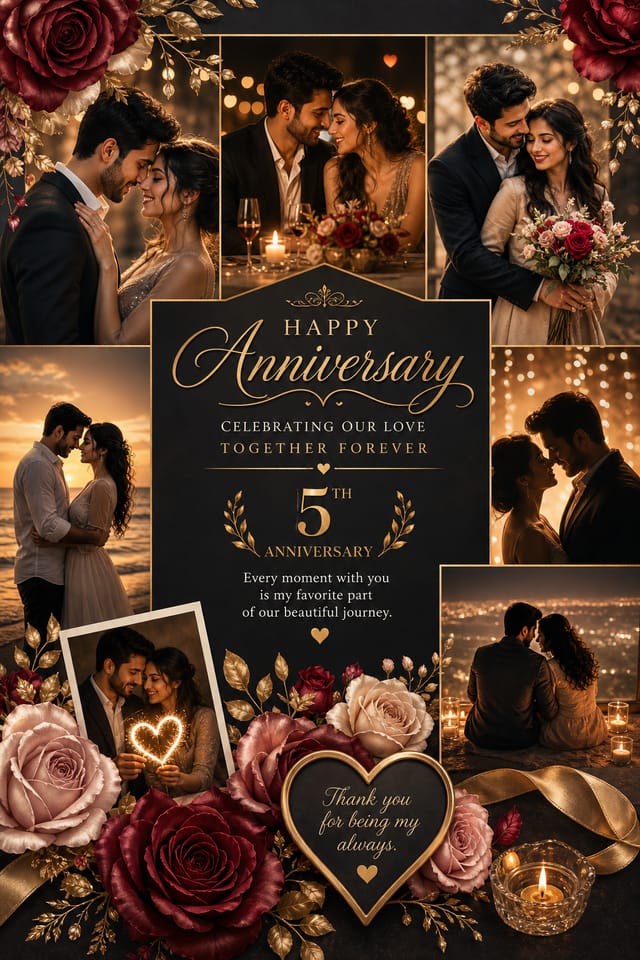 Anniversary Photo Collage — elegant style photo collage layout, featuring romantic florals, gold accents, elegant typography, soft warm lighting