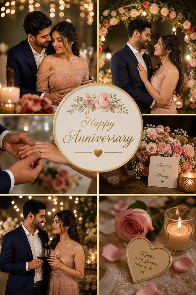 Anniversary Photo Collage — photo-realistic style photo collage layout, featuring romantic florals, gold accents, elegant typography, soft warm lighting