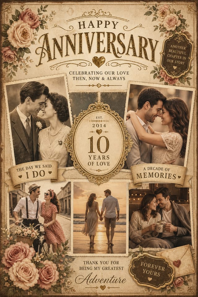 Anniversary Photo Collage — vintage style photo collage layout, featuring romantic florals, gold accents, elegant typography, soft warm lighting