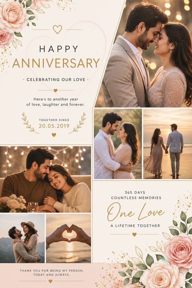Anniversary Photo Collage — modern style photo collage layout, featuring romantic florals, gold accents, elegant typography, soft warm lighting