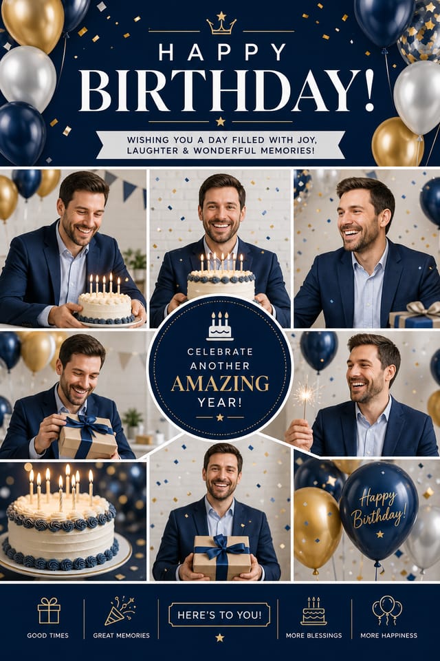 Collage photo d'anniversaire — corporate style photo collage layout, featuring balloons, birthday cake, candles, confetti, festive bright colors
