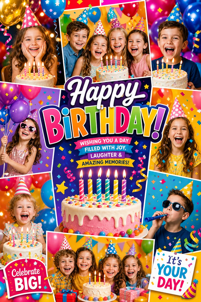 Collage photo d'anniversaire — vibrant style photo collage layout, featuring balloons, birthday cake, candles, confetti, festive bright colors