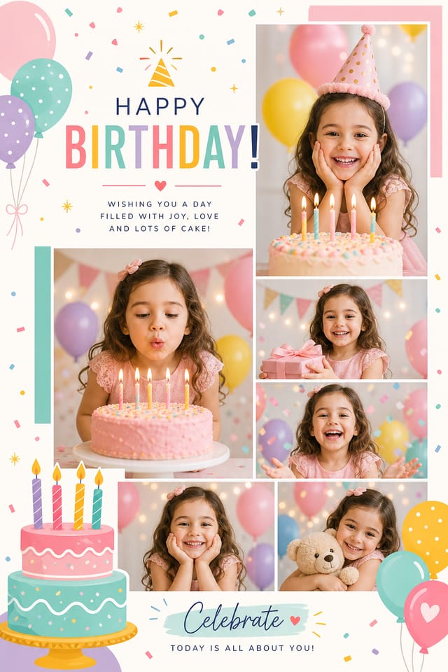Collage photo d'anniversaire — modern style photo collage layout, featuring balloons, birthday cake, candles, confetti, festive bright colors
