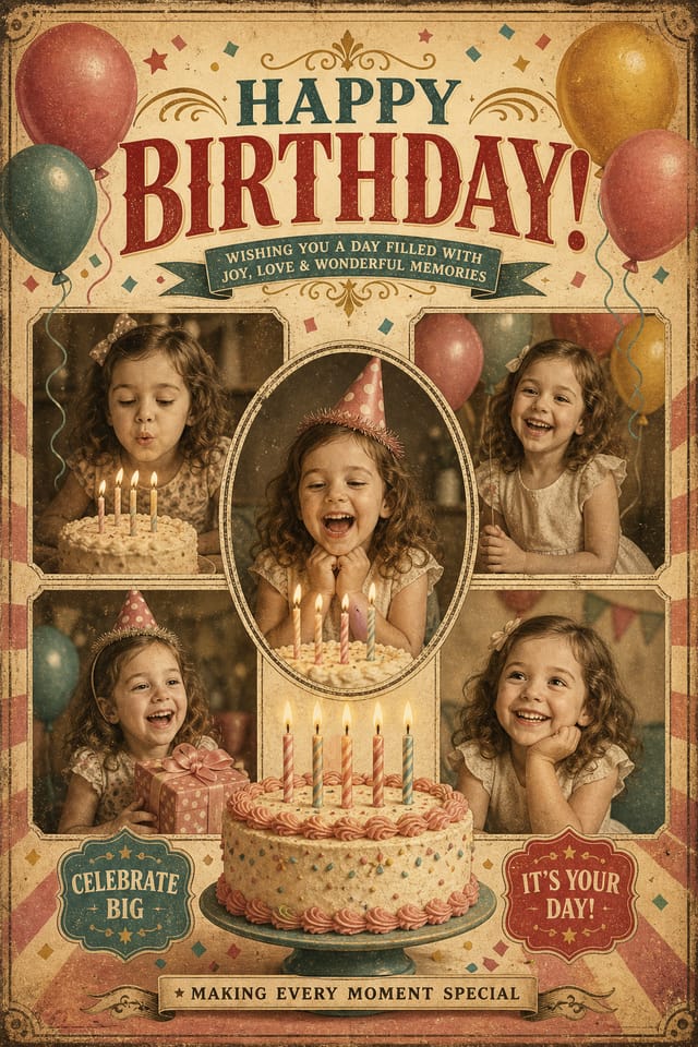 Collage photo d'anniversaire — vintage style photo collage layout, featuring balloons, birthday cake, candles, confetti, festive bright colors