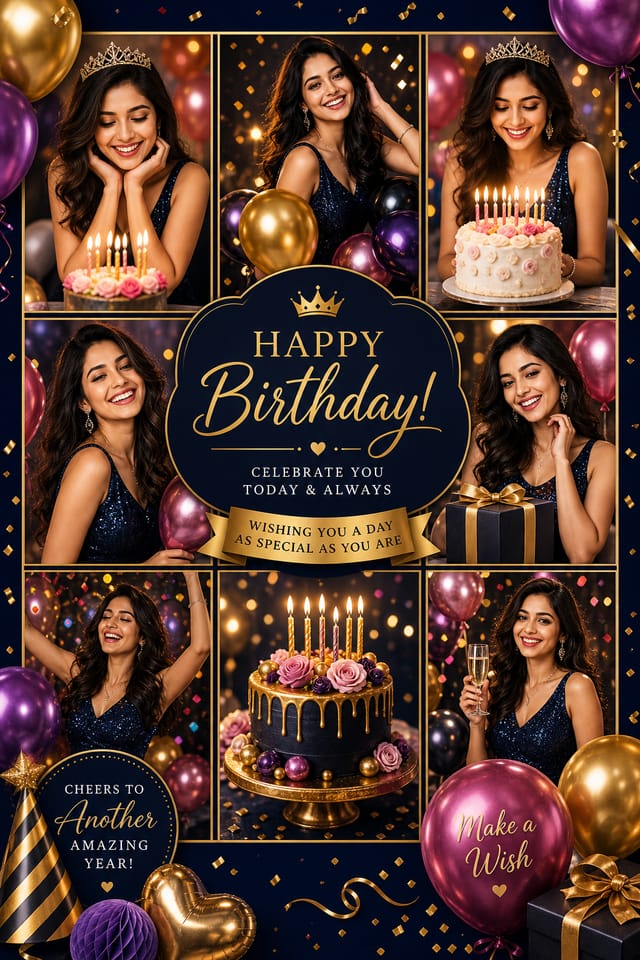 Collage photo d'anniversaire — elegant style photo collage layout, featuring balloons, birthday cake, candles, confetti, festive bright colors