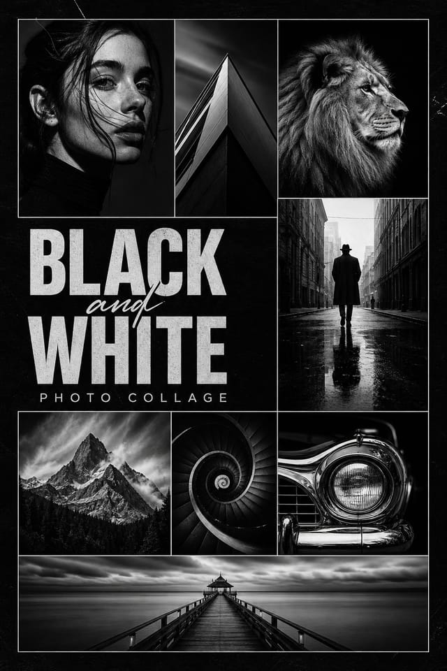 Black and White Photo Collage — vibrant style photo collage layout, featuring deep black with subtle texture, premium minimalism