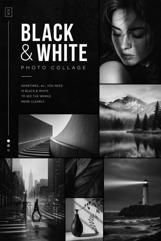 Black and White Photo Collage — modern style photo collage layout, featuring deep black with subtle texture, premium minimalism