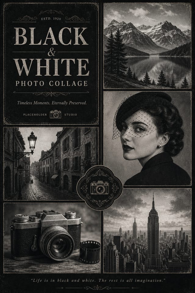 Black and White Photo Collage — vintage style photo collage layout, featuring deep black with subtle texture, premium minimalism