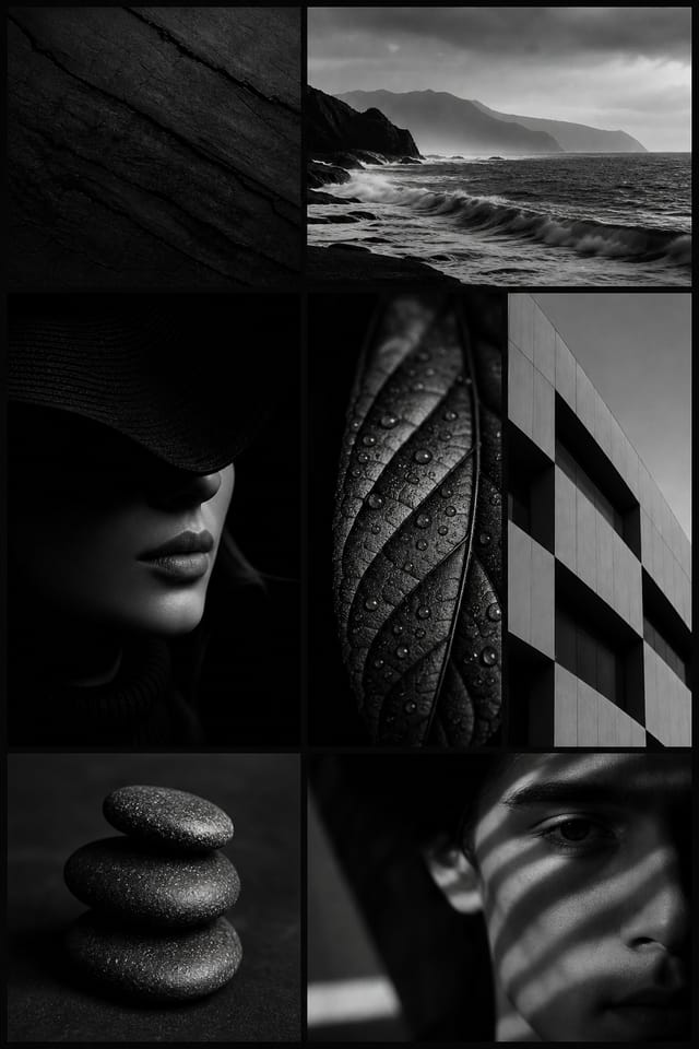 Black and White Photo Collage — photo-realistic style photo collage layout, featuring deep black with subtle texture, premium minimalism