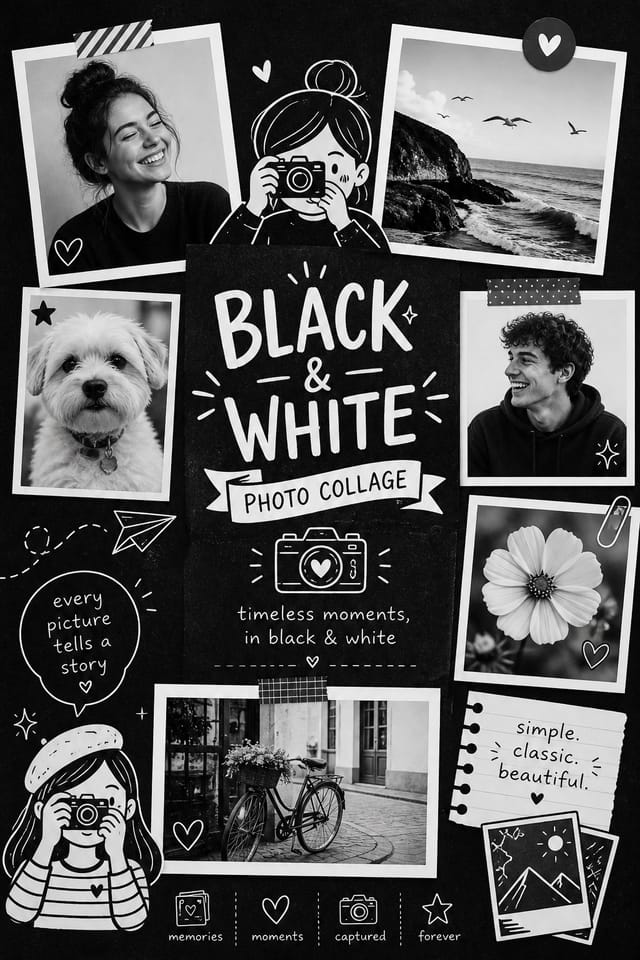 Black and White Photo Collage — illustration style photo collage layout, featuring deep black with subtle texture, premium minimalism