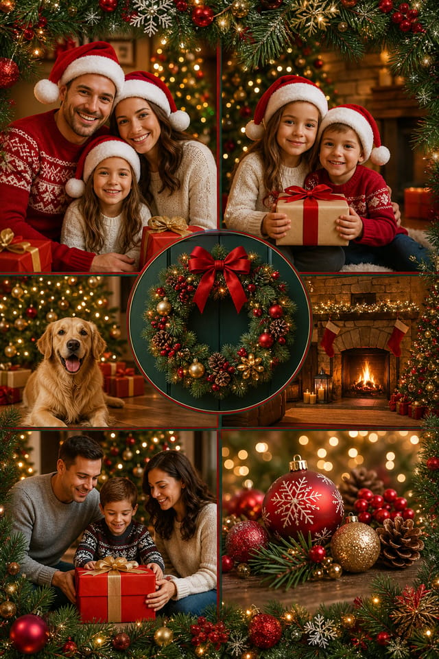 Christmas Photo Collage — photo-realistic style photo collage layout, featuring pine wreaths, ornaments, red and green palette, snowflakes, festive lights