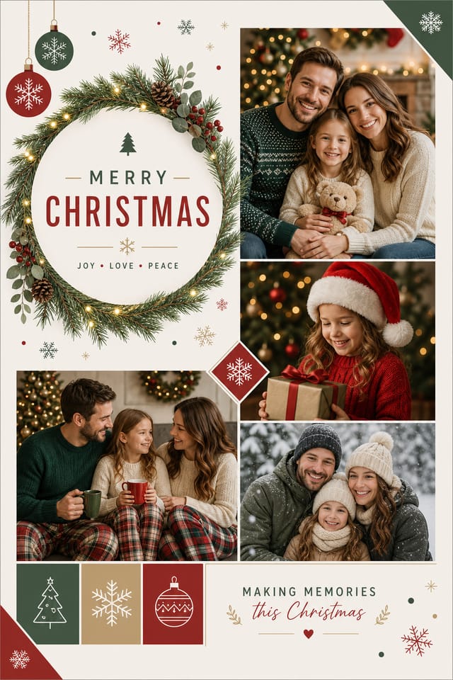 Christmas Photo Collage — modern style photo collage layout, featuring pine wreaths, ornaments, red and green palette, snowflakes, festive lights