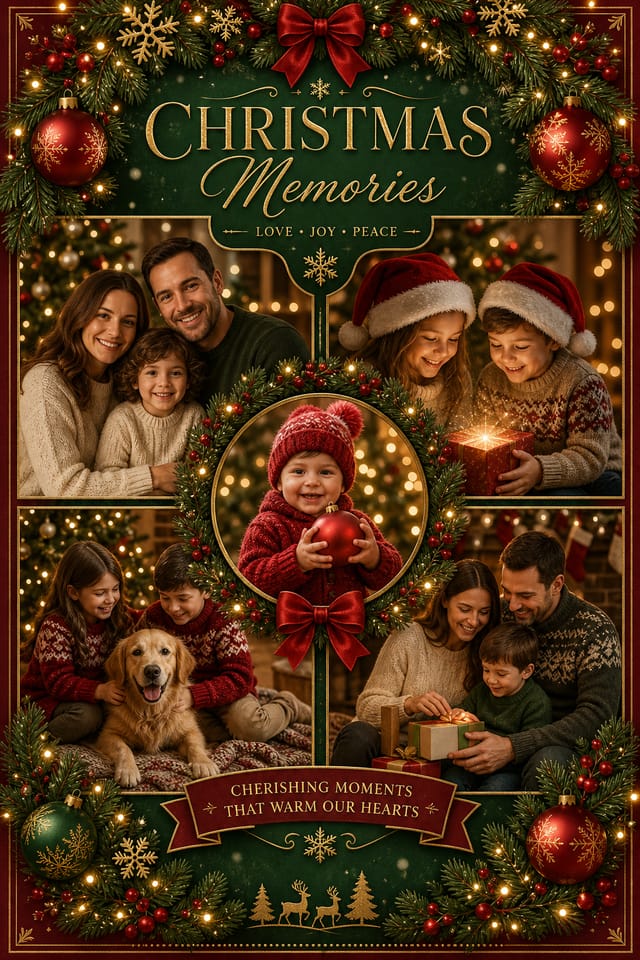 Christmas Photo Collage — elegant style photo collage layout, featuring pine wreaths, ornaments, red and green palette, snowflakes, festive lights
