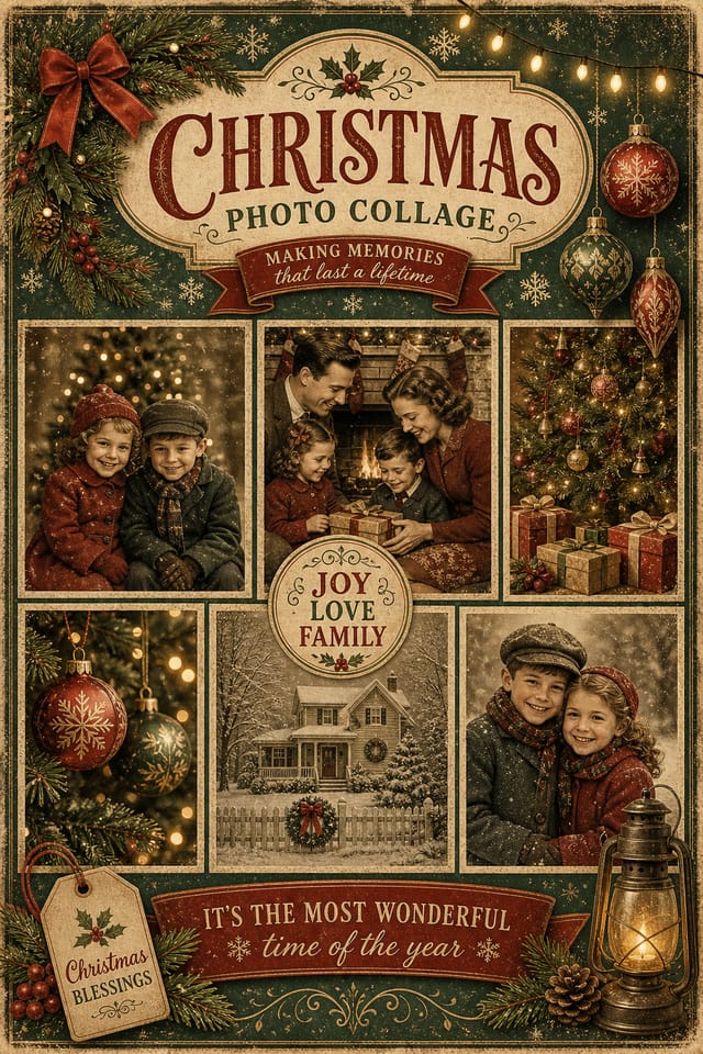 Christmas Photo Collage — vintage style photo collage layout, featuring pine wreaths, ornaments, red and green palette, snowflakes, festive lights
