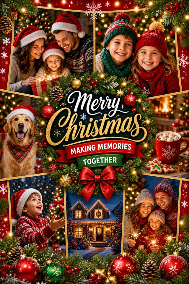 Christmas Photo Collage — vibrant style photo collage layout, featuring pine wreaths, ornaments, red and green palette, snowflakes, festive lights