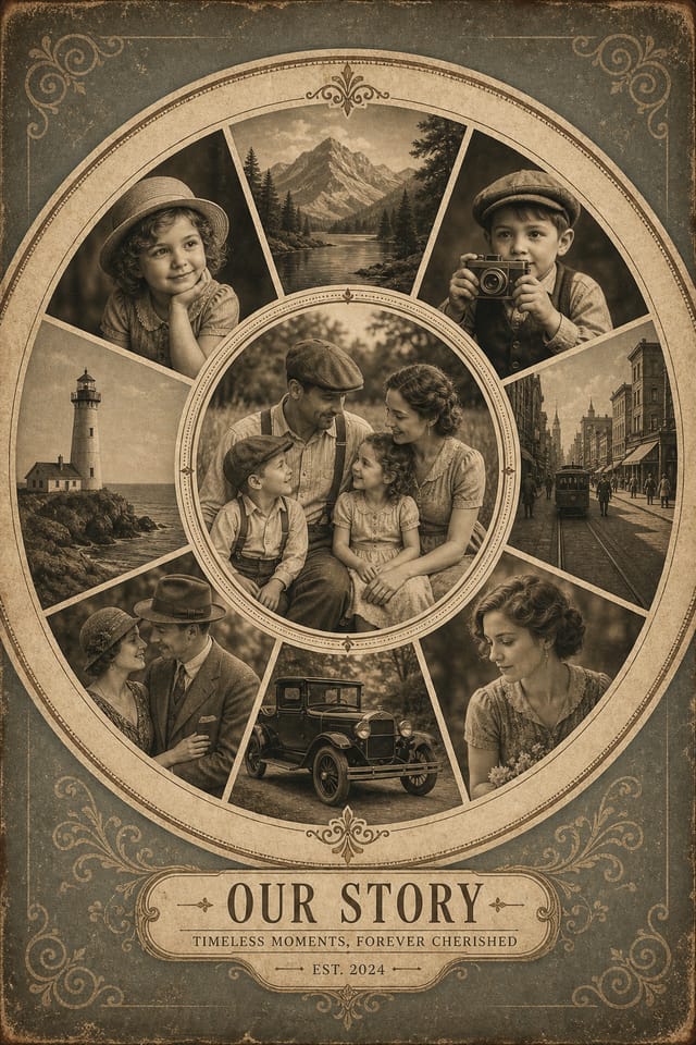 Circle Photo Collage — vintage style photo collage layout