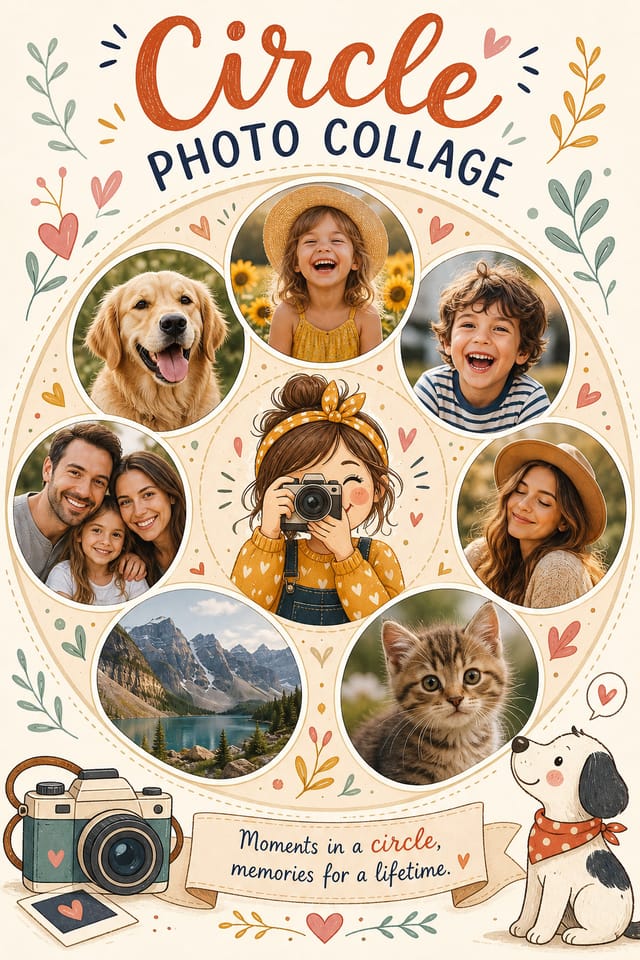 Circle Photo Collage — illustration style photo collage layout