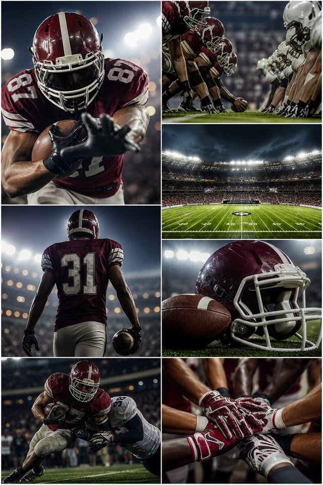 Football Photo Collage — photo-realistic style photo collage layout, featuring football, helmet, stadium, green field, team colors