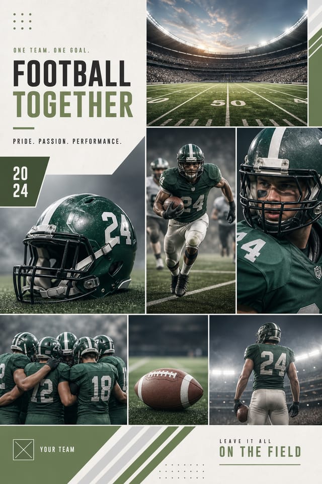 Football Photo Collage — modern style photo collage layout, featuring football, helmet, stadium, green field, team colors