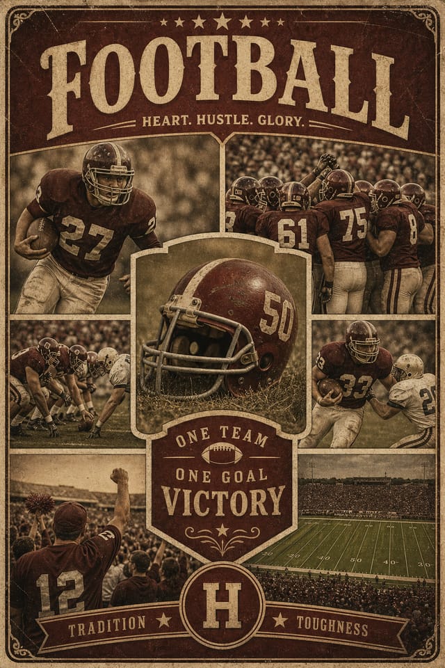 Football Photo Collage — vintage style photo collage layout, featuring football, helmet, stadium, green field, team colors