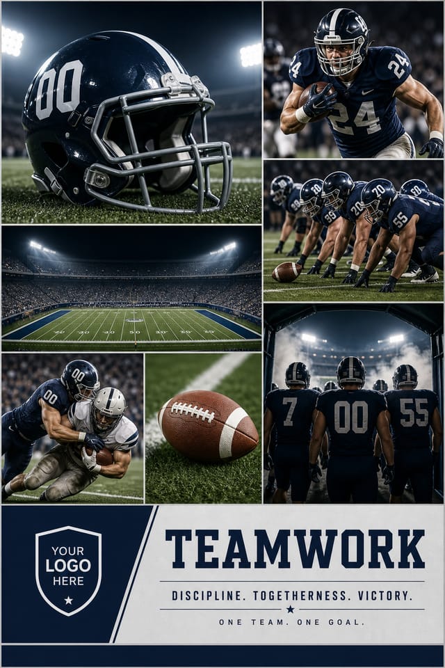 Football Photo Collage — corporate style photo collage layout, featuring football, helmet, stadium, green field, team colors