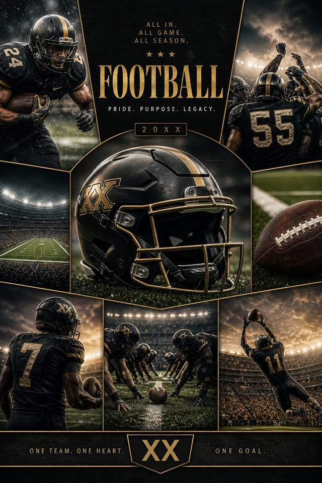 Football Photo Collage — elegant style photo collage layout, featuring football, helmet, stadium, green field, team colors