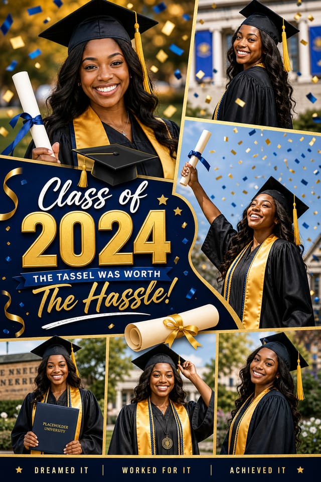 Graduation Photo Collage — vibrant style photo collage layout, featuring graduation cap, diploma scroll, gold tassel, academic regalia, celebratory confetti