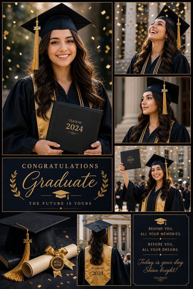 Graduation Photo Collage — elegant style photo collage layout, featuring graduation cap, diploma scroll, gold tassel, academic regalia, celebratory confetti