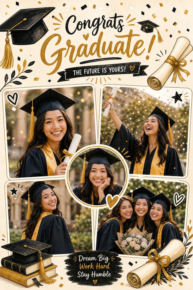 Graduation Photo Collage — illustration style photo collage layout, featuring graduation cap, diploma scroll, gold tassel, academic regalia, celebratory confetti