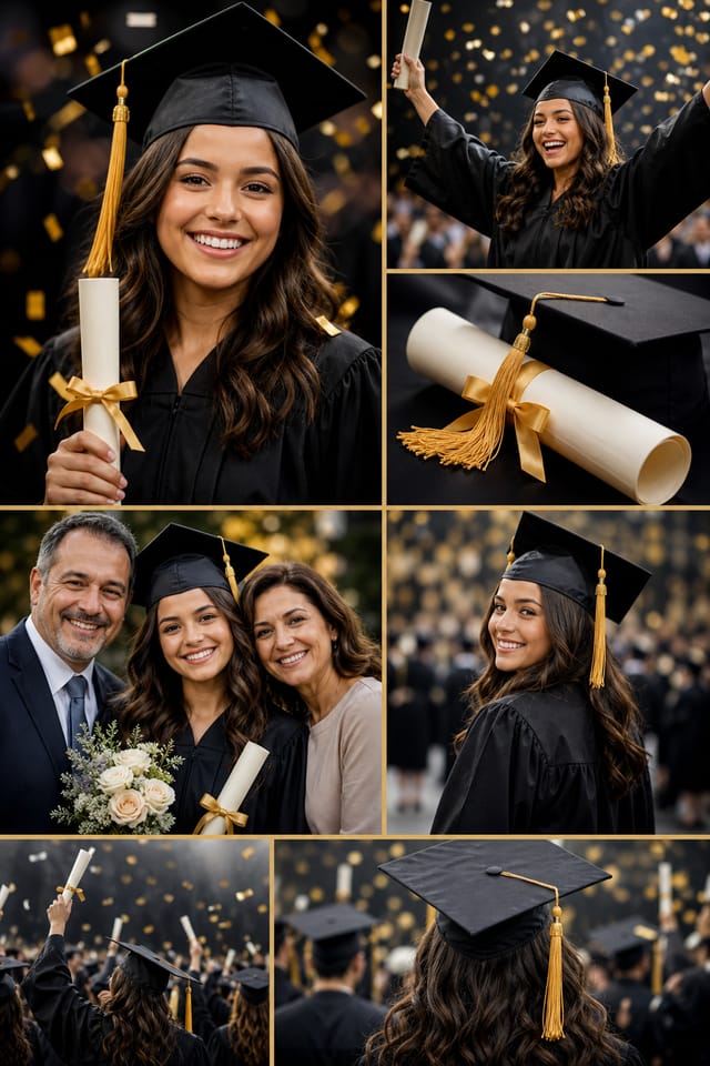 Graduation Photo Collage — photo-realistic style photo collage layout, featuring graduation cap, diploma scroll, gold tassel, academic regalia, celebratory confetti