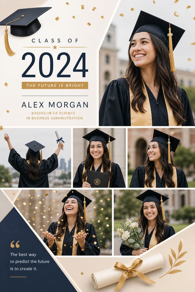 Graduation Photo Collage — modern style photo collage layout, featuring graduation cap, diploma scroll, gold tassel, academic regalia, celebratory confetti