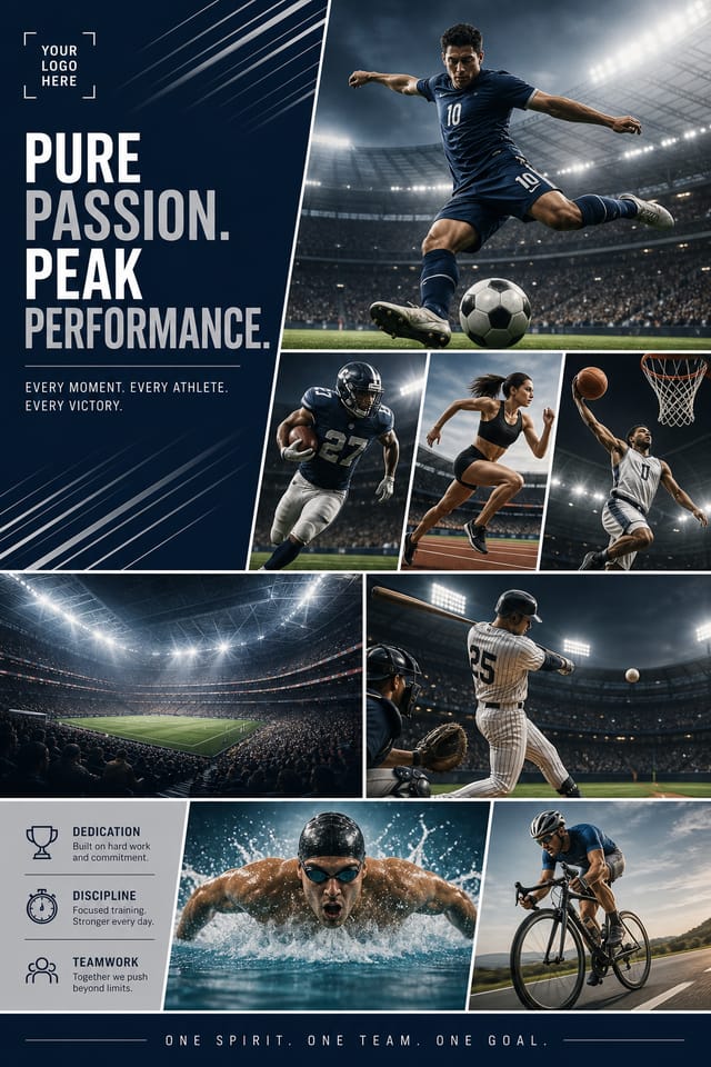 Sports Photo Collage — corporate style photo collage layout, featuring athletic action poses, stadium imagery, dynamic motion lines