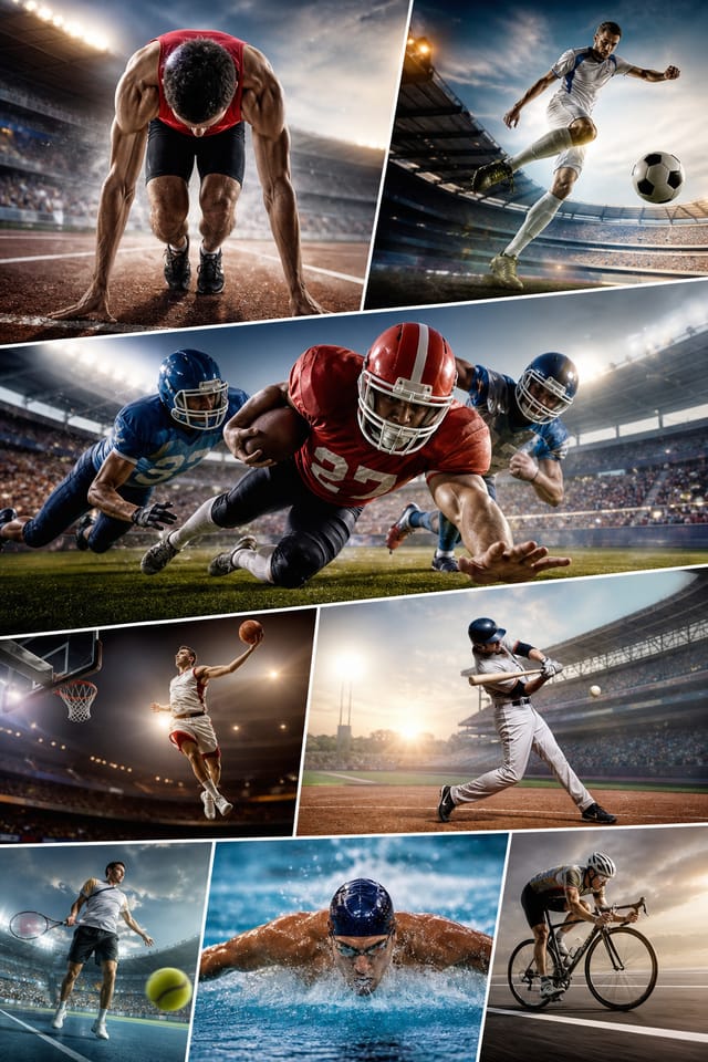 Sports Photo Collage — photo-realistic style photo collage layout, featuring athletic action poses, stadium imagery, dynamic motion lines