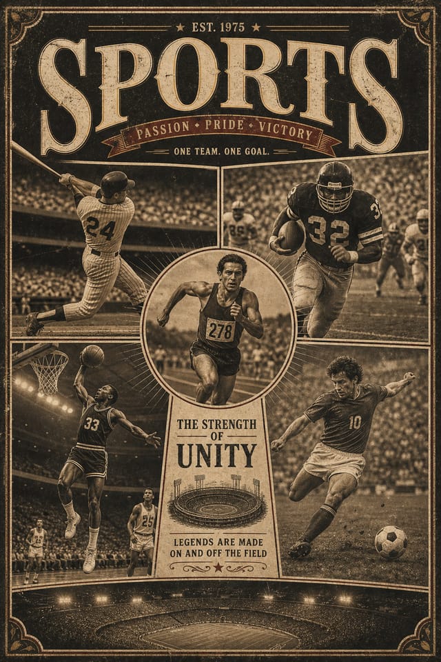 Sports Photo Collage — vintage style photo collage layout, featuring athletic action poses, stadium imagery, dynamic motion lines