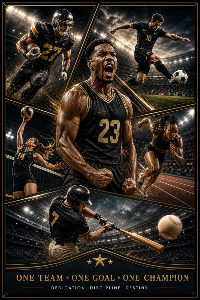 Sports Photo Collage — elegant style photo collage layout, featuring athletic action poses, stadium imagery, dynamic motion lines