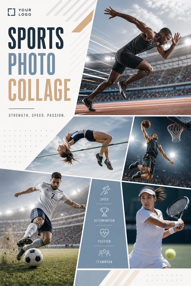 Sports Photo Collage — modern style photo collage layout, featuring athletic action poses, stadium imagery, dynamic motion lines