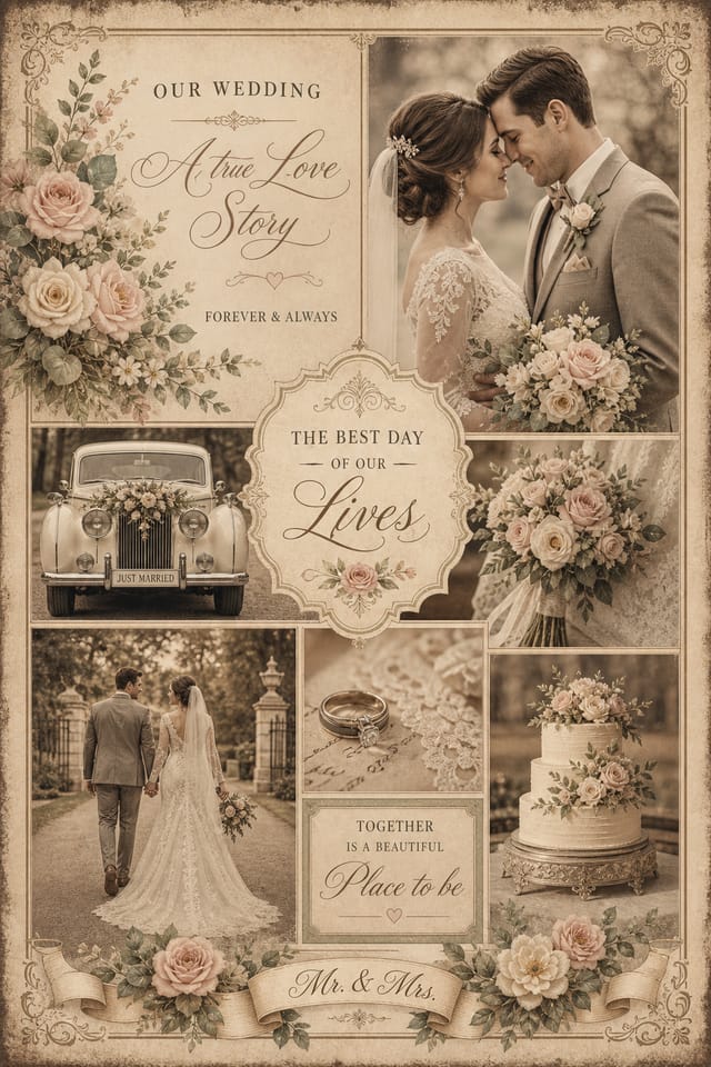 Wedding Photo Collage — vintage style photo collage layout, featuring romantic floral arrangements, soft pastels (blush, ivory, sage), elegant calligraphy