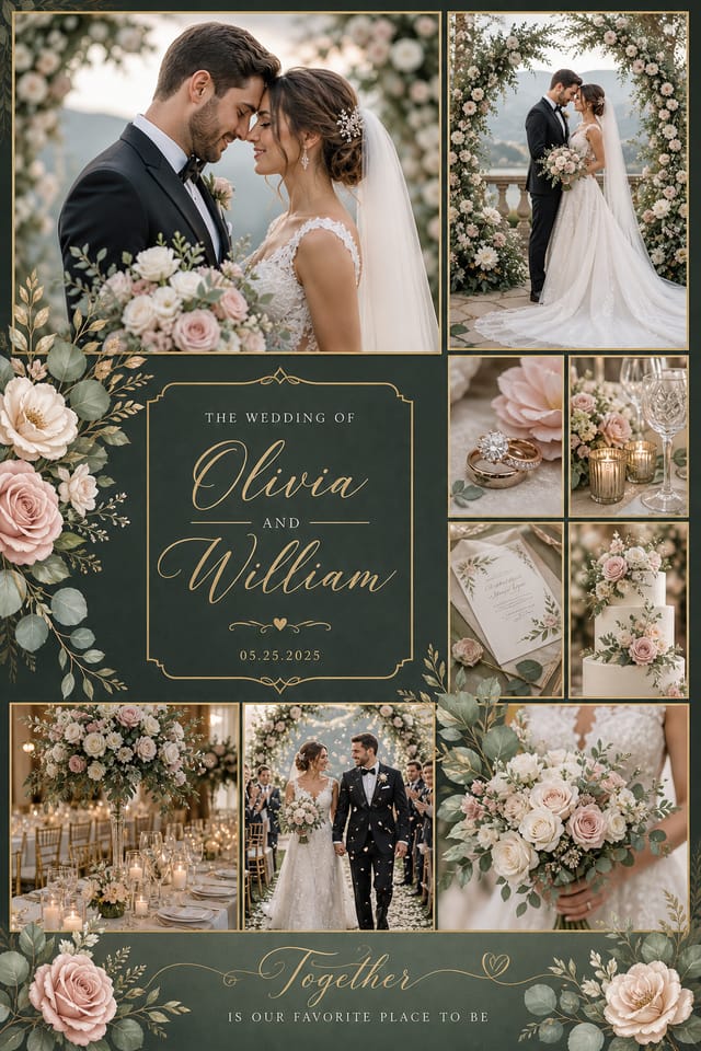 Wedding Photo Collage — elegant style photo collage layout, featuring romantic floral arrangements, soft pastels (blush, ivory, sage), elegant calligraphy