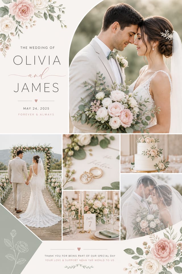 Wedding Photo Collage — modern style photo collage layout, featuring romantic floral arrangements, soft pastels (blush, ivory, sage), elegant calligraphy